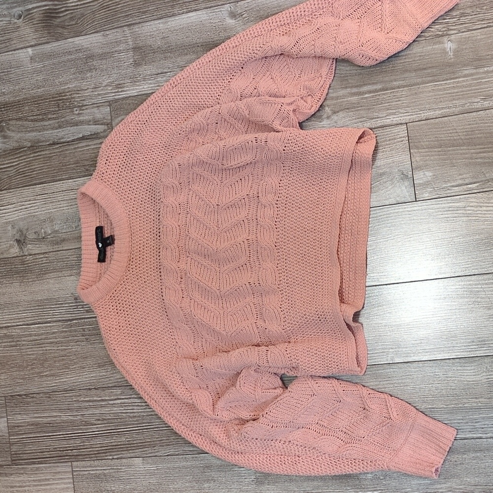 Derek Heart Apricot Peach Cable Knit Chenille Cropped Sweater S